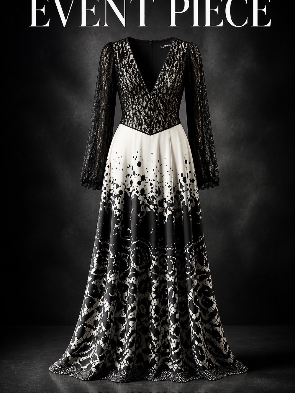 Melissa Masse Black and White Lace V-Neck Long Sleeve Gown